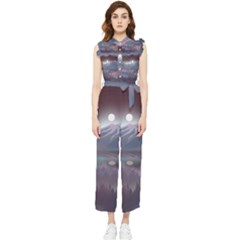 Mountains Nature Forest Moon Landscape Moonlight Women s Frill Top Chiffon Jumpsuit by Pakemis