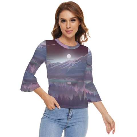 Mountains Nature Forest Moon Landscape Moonlight Bell Sleeve Top by Pakemis