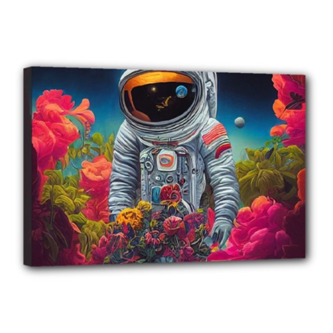 Astronaut Universe Planting Flowers Cosmos Galaxy Canvas 18  X 12  (stretched) by Pakemis