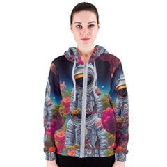 Astronaut Universe Planting Flowers Cosmos Galaxy Women s Zipper Hoodie by Pakemis