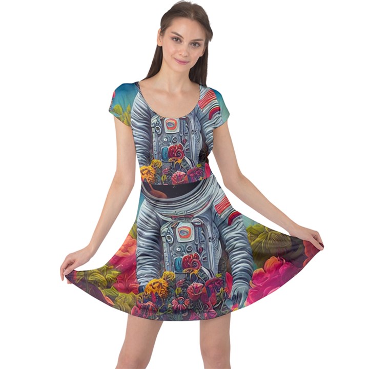 Astronaut Universe Planting Flowers Cosmos Galaxy Cap Sleeve Dress