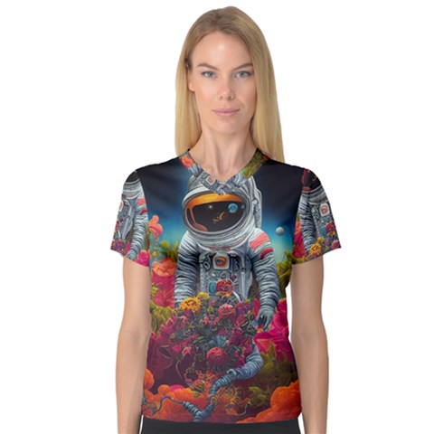 Astronaut Universe Planting Flowers Cosmos Galaxy V-neck Sport Mesh Tee by Pakemis