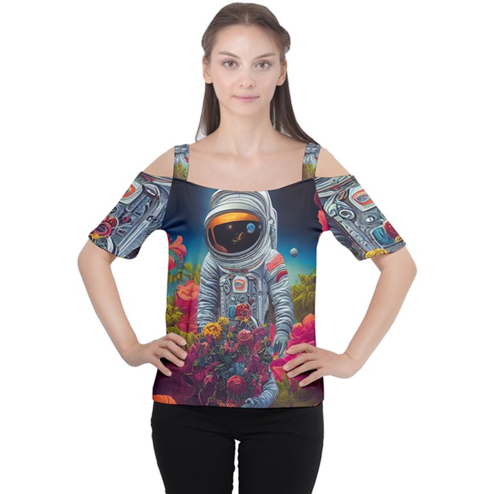 Astronaut Universe Planting Flowers Cosmos Galaxy Cutout Shoulder Tee