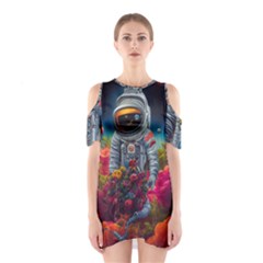 Astronaut Universe Planting Flowers Cosmos Galaxy Shoulder Cutout One Piece Dress by Pakemis