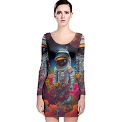 Astronaut Universe Planting Flowers Cosmos Galaxy Long Sleeve Velvet Bodycon Dress by Pakemis