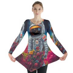 Astronaut Universe Planting Flowers Cosmos Galaxy Long Sleeve Tunic  by Pakemis