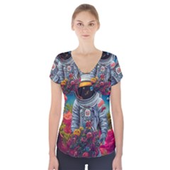 Astronaut Universe Planting Flowers Cosmos Galaxy Short Sleeve Front Detail Top by Pakemis