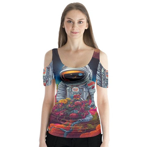 Astronaut Universe Planting Flowers Cosmos Galaxy Butterfly Sleeve Cutout Tee  by Pakemis