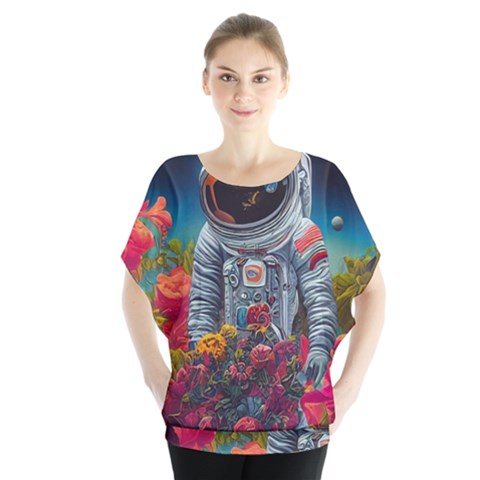 Astronaut Universe Planting Flowers Cosmos Galaxy Batwing Chiffon Blouse by Pakemis