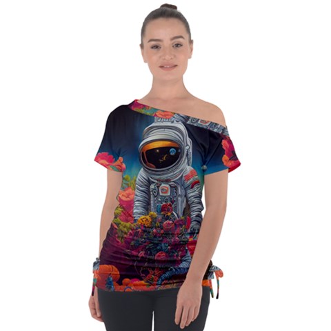 Astronaut Universe Planting Flowers Cosmos Galaxy Off Shoulder Tie-up Tee by Pakemis