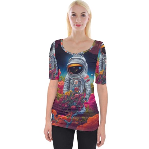 Astronaut Universe Planting Flowers Cosmos Galaxy Wide Neckline Tee by Pakemis