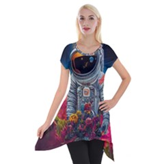 Astronaut Universe Planting Flowers Cosmos Galaxy Short Sleeve Side Drop Tunic by Pakemis