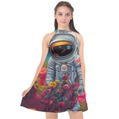 Astronaut Universe Planting Flowers Cosmos Galaxy Halter Neckline Chiffon Dress  by Pakemis