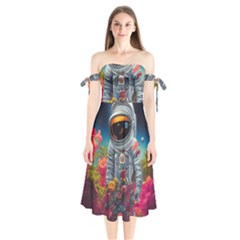 Astronaut Universe Planting Flowers Cosmos Galaxy Shoulder Tie Bardot Midi Dress by Pakemis