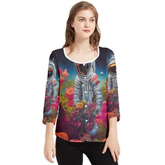 Astronaut Universe Planting Flowers Cosmos Galaxy Chiffon Quarter Sleeve Blouse by Pakemis