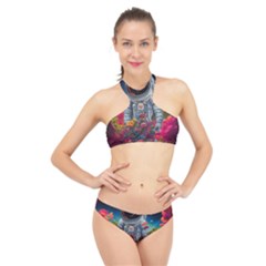 Astronaut Universe Planting Flowers Cosmos Galaxy High Neck Bikini Set by Pakemis