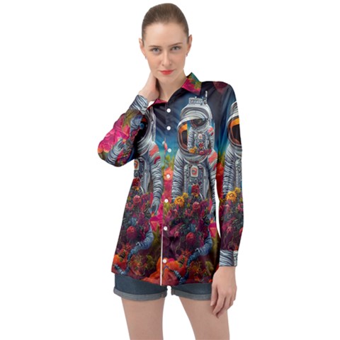 Astronaut Universe Planting Flowers Cosmos Galaxy Long Sleeve Satin Shirt by Pakemis