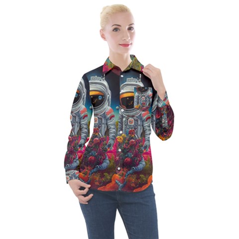 Astronaut Universe Planting Flowers Cosmos Galaxy Women s Long Sleeve Pocket Shirt by Pakemis