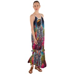 Astronaut Universe Planting Flowers Cosmos Galaxy Cami Maxi Ruffle Chiffon Dress by Pakemis