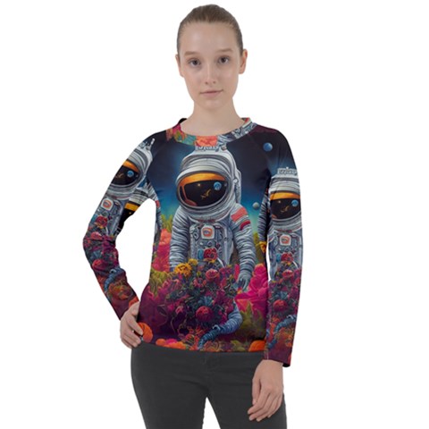 Astronaut Universe Planting Flowers Cosmos Galaxy Women s Long Sleeve Raglan Tee by Pakemis