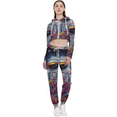 Astronaut Universe Planting Flowers Cosmos Galaxy Cropped Zip Up Lounge Set