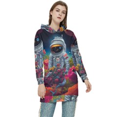 Astronaut Universe Planting Flowers Cosmos Galaxy Women s Long Oversized Pullover Hoodie by Pakemis