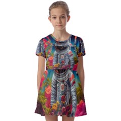 Astronaut Universe Planting Flowers Cosmos Galaxy Kids  Short Sleeve Pinafore Style Dress by Pakemis