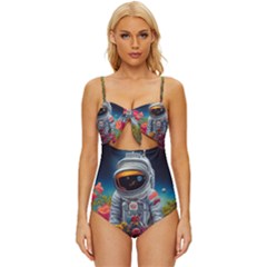 Astronaut Universe Planting Flowers Cosmos Galaxy Knot Front One-piece Swimsuit by Pakemis