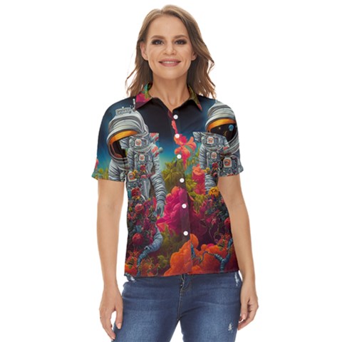 Astronaut Universe Planting Flowers Cosmos Galaxy Women s Short Sleeve Double Pocket Shirt by Pakemis