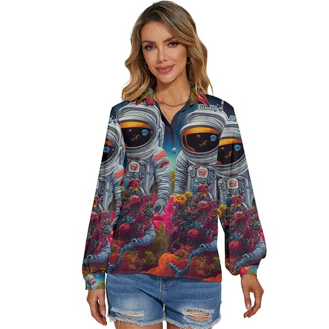 Astronaut Universe Planting Flowers Cosmos Galaxy Women s Long Sleeve Button Down Shirt by Pakemis