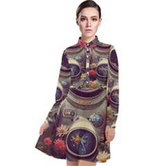 Astronaut Universe Planting Flowers Cosmos Art Long Sleeve Chiffon Shirt Dress by Pakemis