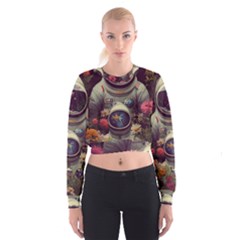 Astronaut Universe Planting Flowers Cosmos Art Cropped Sweatshirt by Pakemis