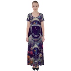 Astronaut Universe Planting Flowers Cosmos Art High Waist Short Sleeve Maxi Dress by Pakemis