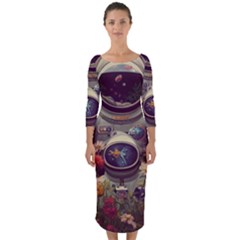 Astronaut Universe Planting Flowers Cosmos Art Quarter Sleeve Midi Bodycon Dress by Pakemis