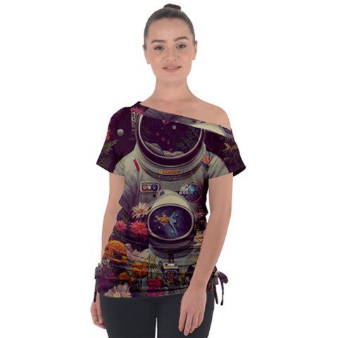 Astronaut Universe Planting Flowers Cosmos Art Off Shoulder Tie-up Tee by Pakemis