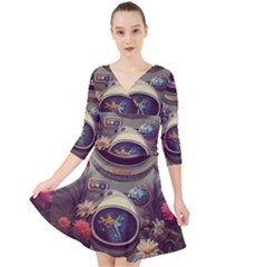 Astronaut Universe Planting Flowers Cosmos Art Quarter Sleeve Front Wrap Dress by Pakemis