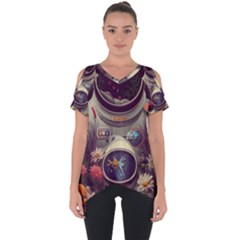 Astronaut Universe Planting Flowers Cosmos Art Cut Out Side Drop Tee by Pakemis