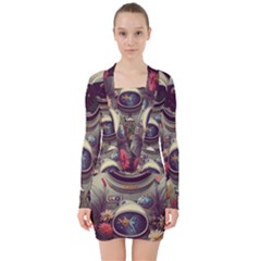 Astronaut Universe Planting Flowers Cosmos Art V-neck Bodycon Long Sleeve Dress by Pakemis