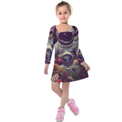 Astronaut Universe Planting Flowers Cosmos Art Kids  Long Sleeve Velvet Dress by Pakemis