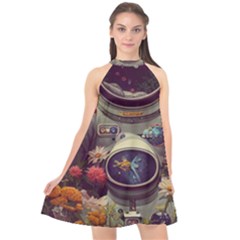 Astronaut Universe Planting Flowers Cosmos Art Halter Neckline Chiffon Dress  by Pakemis