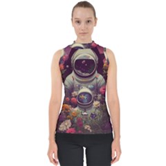 Astronaut Universe Planting Flowers Cosmos Art Mock Neck Shell Top by Pakemis