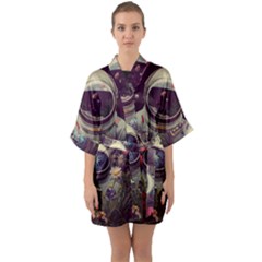 Astronaut Universe Planting Flowers Cosmos Art Half Sleeve Satin Kimono  by Pakemis