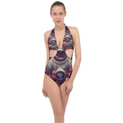 Astronaut Universe Planting Flowers Cosmos Art Halter Front Plunge Swimsuit by Pakemis