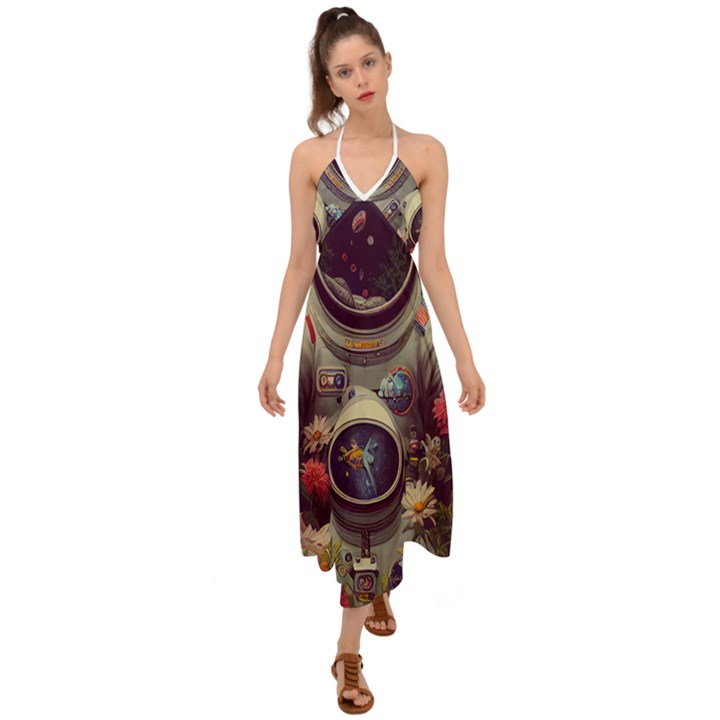 Astronaut Universe Planting Flowers Cosmos Art Halter Tie Back Dress 