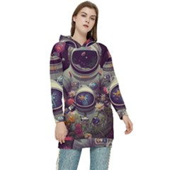 Astronaut Universe Planting Flowers Cosmos Art Women s Long Oversized Pullover Hoodie by Pakemis