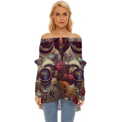 Astronaut Universe Planting Flowers Cosmos Art Off Shoulder Chiffon Pocket Shirt by Pakemis