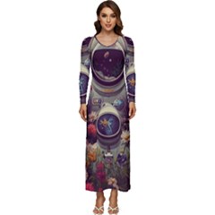 Astronaut Universe Planting Flowers Cosmos Art Long Sleeve Velour Longline Maxi Dress by Pakemis