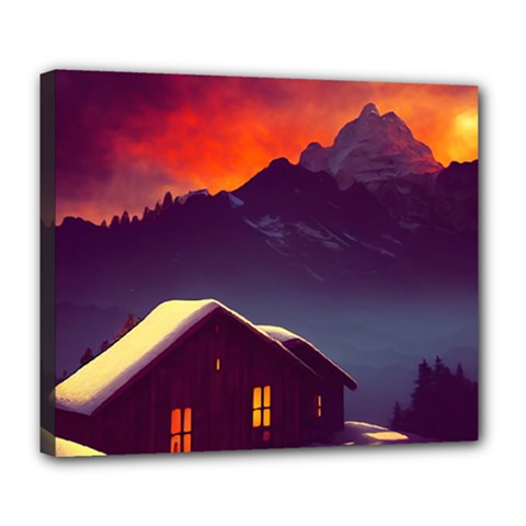 Cabin Mountains Snow Sun Winter Dusk Deluxe Canvas 24  X 20  (stretched) by Pakemis