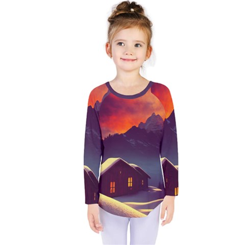 Cabin Mountains Snow Sun Winter Dusk Kids  Long Sleeve Tee by Pakemis