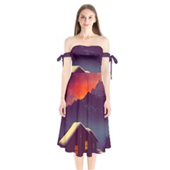 Cabin Mountains Snow Sun Winter Dusk Shoulder Tie Bardot Midi Dress by Pakemis